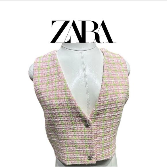 ZARA Pink & Green Tweed Cropped Vest - Vintage-Inspired Button Front Top - Picture 1 of 9